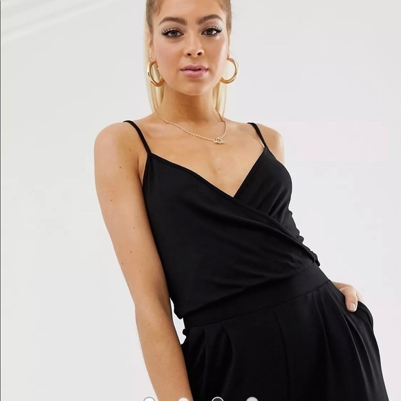 Asos Design Cami Wrap Front Jersey Jumpsuit with Peg Leg, Black, 2 Tall - Picture 7 of 9